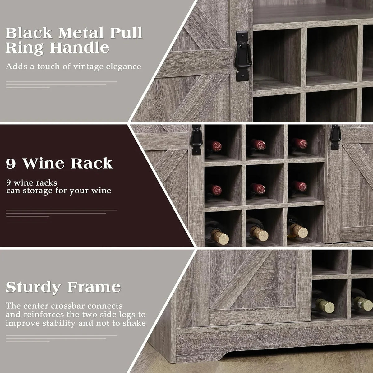 Bar Room(Gray) 6 Bar Deco Cabinet Dining Rack Urban Coffee with Storage,Liquor with Sideboard for Kitchen and Hooks Buffet