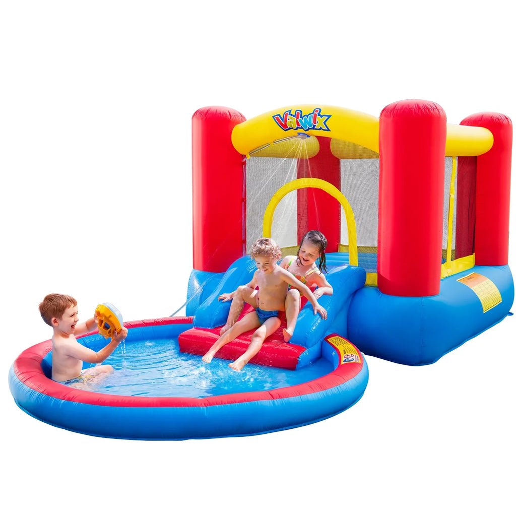 Basketball Bounce Castle with Pool Area with Fun Bouncy Bouncer Kids & Dry Wet Waterslide Blower Inflatable House for Repair years 3-5 , Kits, with Bounce Combo, Hoop Valwix for