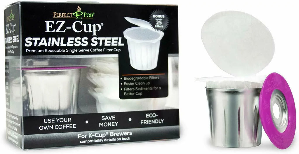 Serve EZ-Cup EZ-Cup Single 100% Stainless Disposable Cup Steel Coffee Metal Filters Perfect Pod Refillable 2.0 Reusable + Makers & Pod Filter Keurig K Compostable Paper 325ea for 2.0 Coffee