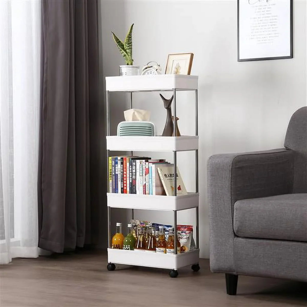 with 4 for Kitchen, Wheels, Storage Room, Plastic SYTHERS Steel, Bathroom, Cart White Stainless Utility Rolling with 4-Tier Laundry hooks, and Cart