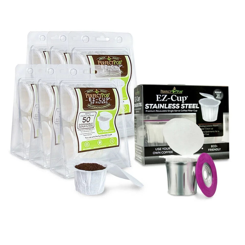 Serve EZ-Cup EZ-Cup Single 100% Stainless Disposable Cup Steel Coffee Metal Filters Perfect Pod Refillable 2.0 Reusable + Makers & Pod Filter Keurig K Compostable Paper 325ea for 2.0 Coffee