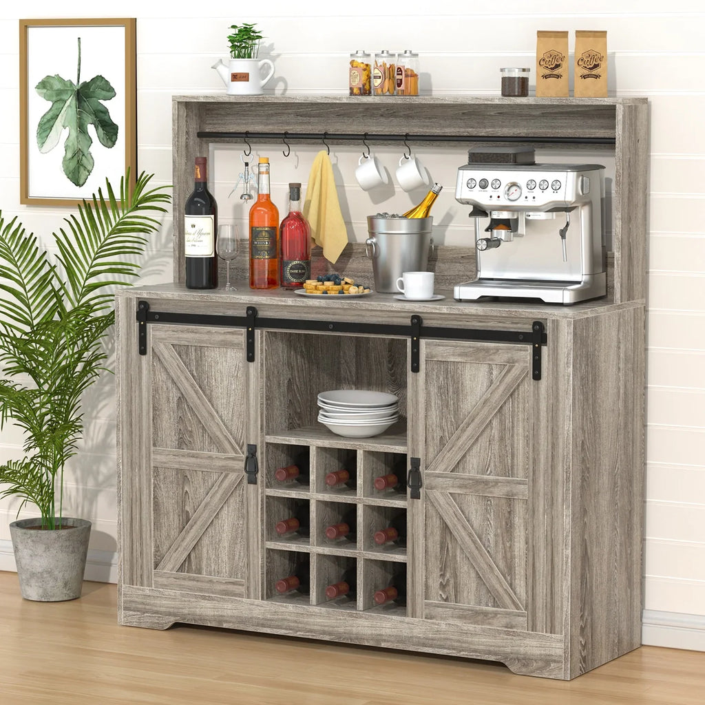 Bar Room(Gray) 6 Bar Deco Cabinet Dining Rack Urban Coffee with Storage,Liquor with Sideboard for Kitchen and Hooks Buffet