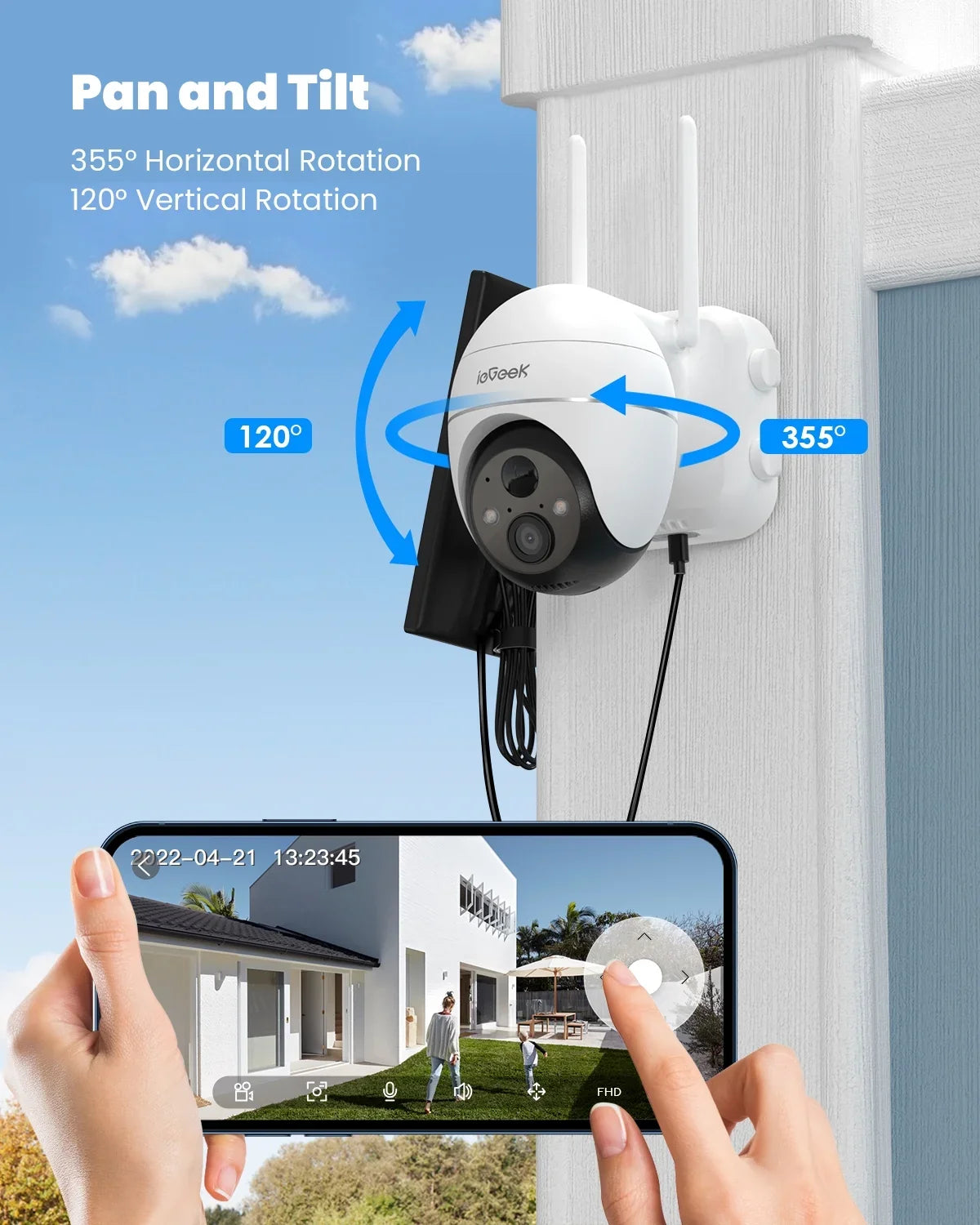 Wireless Detection, Spotlight, Vision, Solar Surveillance Outdoor Home Motion with View Night Security Solar PIR Powered Alexa WiFi 360° Cameras Camera, Color PTZ Outdoor, Battery 2K/3MP Work