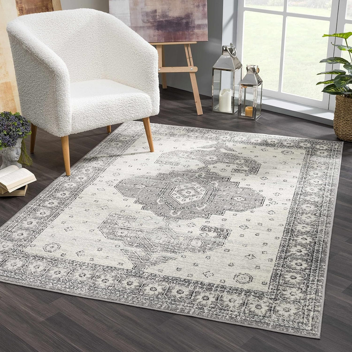 Boho Oriental Rug Living 10' Grey, Indoor X Bedroom, Marash Room, Distressed - 7'10" - Persian Beige - Pattern Traditional - Goksun Collection Vintage Area Medallion