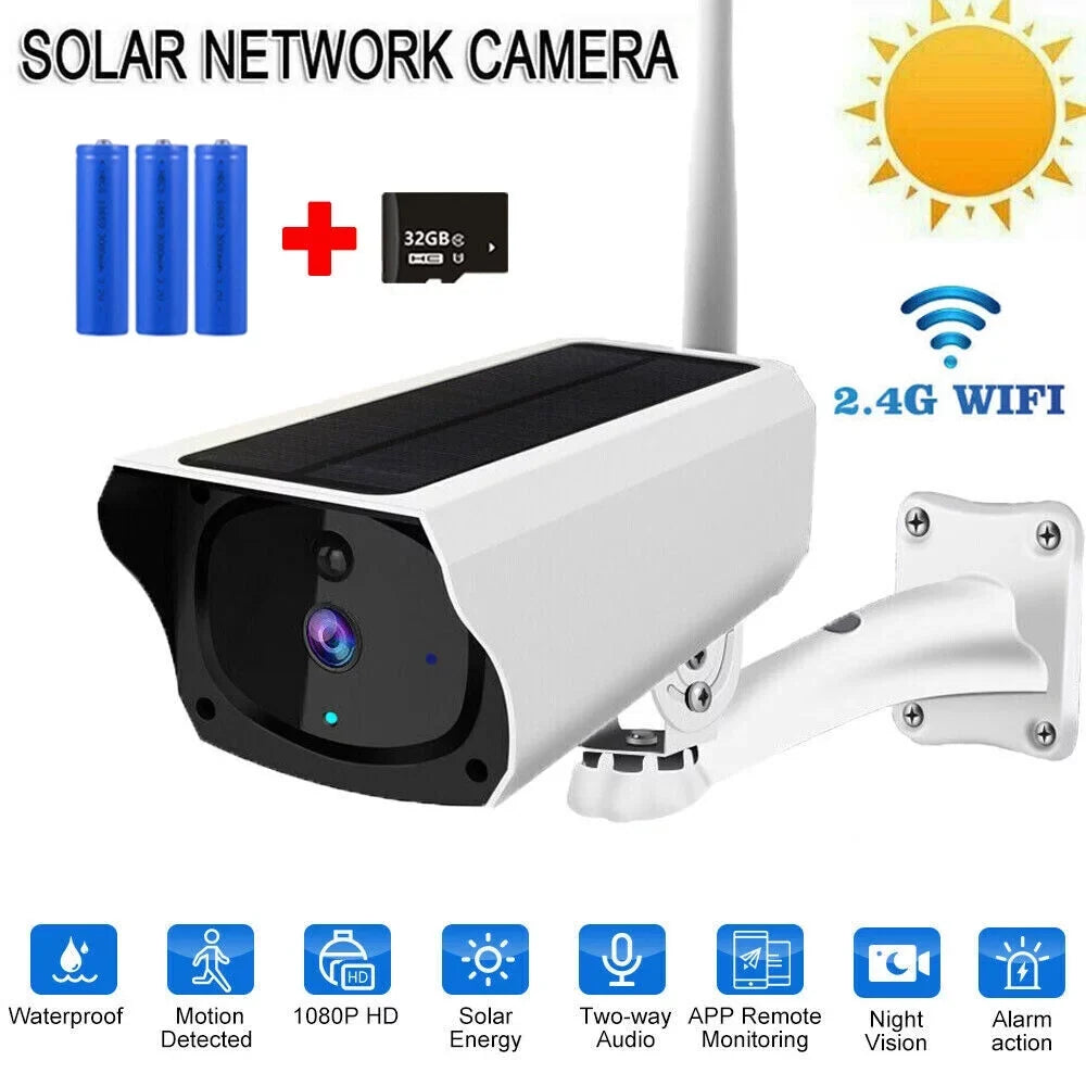 Powered Security Home Security Security Momery Camera, IP Camera Night Outdoor 18650 Solar and Card Vision with WiFi IP 1080P 32GB Pcs HD Batteries Camera, 3 Wireless