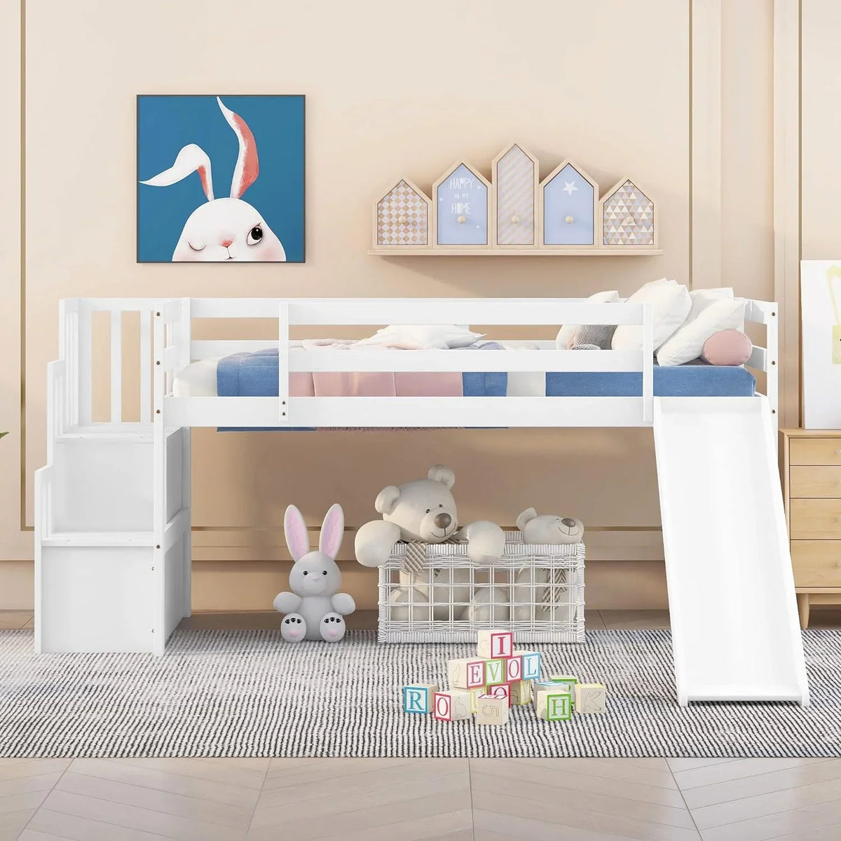 &amp; with Bright Bed Low Wood with for Box No Size NLTBONNIE Stairs Twin Safety Teens Frame Rail Loft Bed (White) Loft Harper Designs and Needed Slide Toddlers Spring