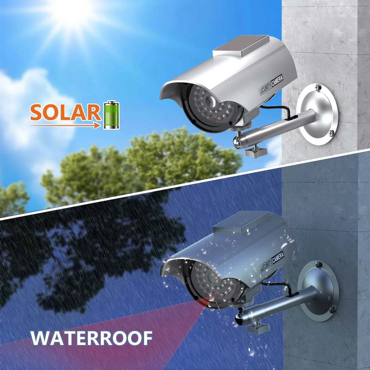 with Surveillance 1 Bullet Indoor (SOLTC-S4), Simulated Camera Silver Fake Outdoor Security Dome Dummy WALI 4 Powered Packs, Decal Solar LED CCTV Sticker Alert Security Light,