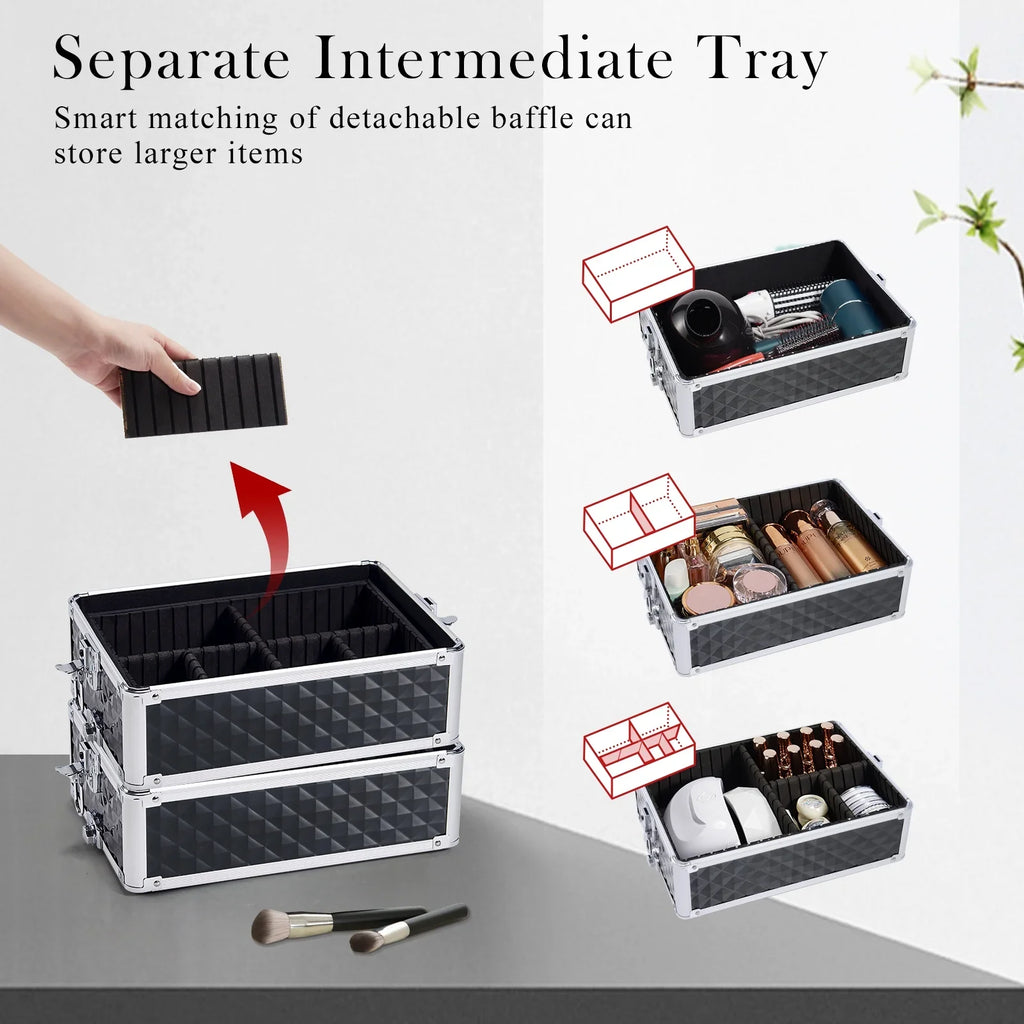 1 Barber in Case Rolling Cosmetic Aluminum Train Box 4 Salon Case Trolley Joligrace Wheels Makeup Case with
