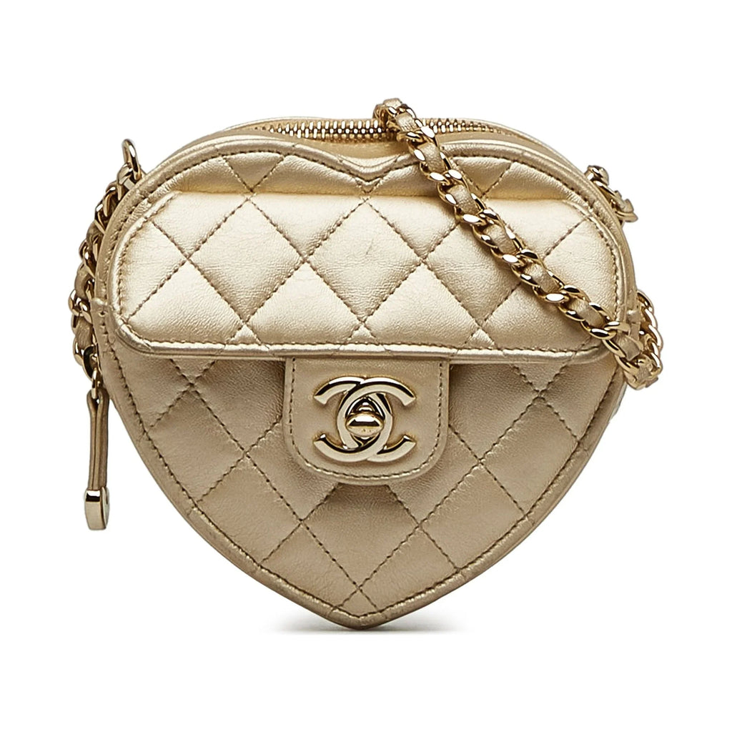 Crossbody Mini Gold Authenticated Heart Leather Chanel Unisex in Crossbody Bag CC Pre-Owned Love (Good) Lambskin