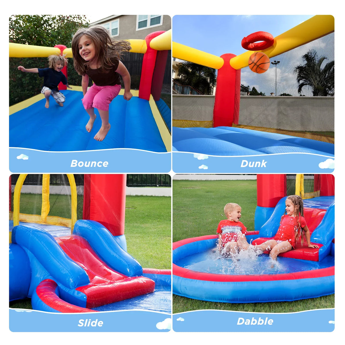 Basketball Bounce Castle with Pool Area with Fun Bouncy Bouncer Kids & Dry Wet Waterslide Blower Inflatable House for Repair years 3-5 , Kits, with Bounce Combo, Hoop Valwix for