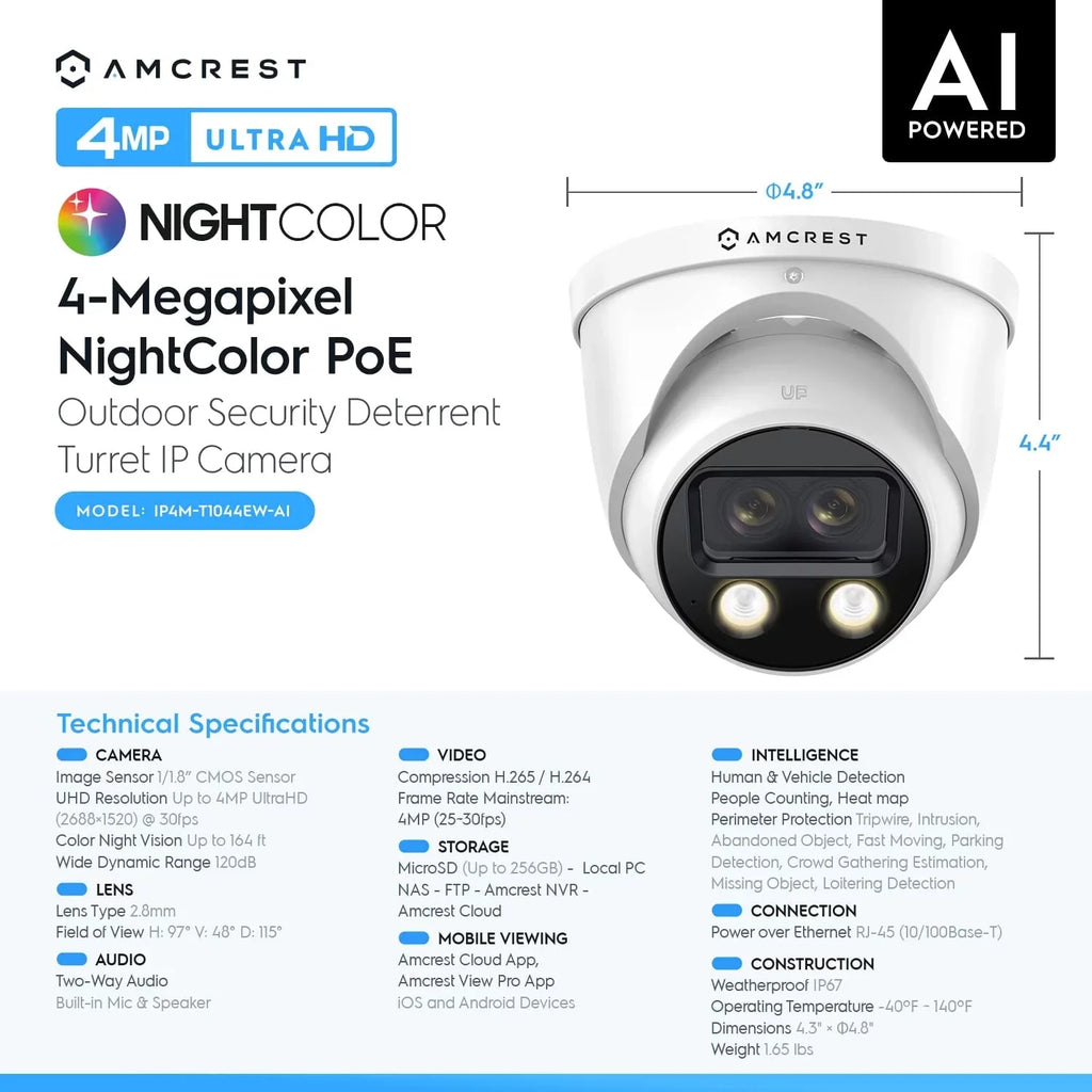 8MP Security Camera, x Turret 4K Amcrest POE (2 IP (2 @25fps, 2K) x Outdoor 4MP) Dual-Lens AI