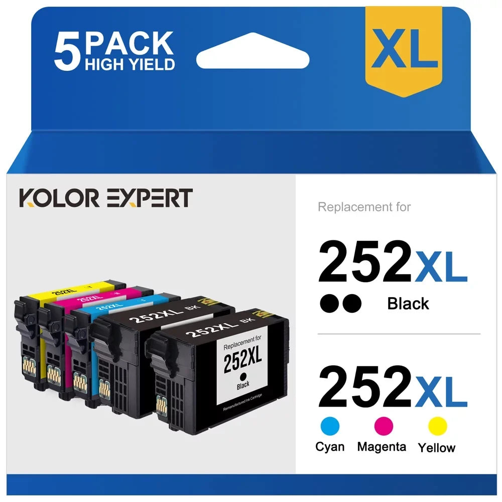 Printer Cyan WF-3630 Workforce Epson (Black Yellow,5-Pack) 252 use WF-7110 Cartridge 252XL XL Magenta WF-7710 WF-3620 252 WF-3640 Ink WF-7620 for Ink with to WF-7610