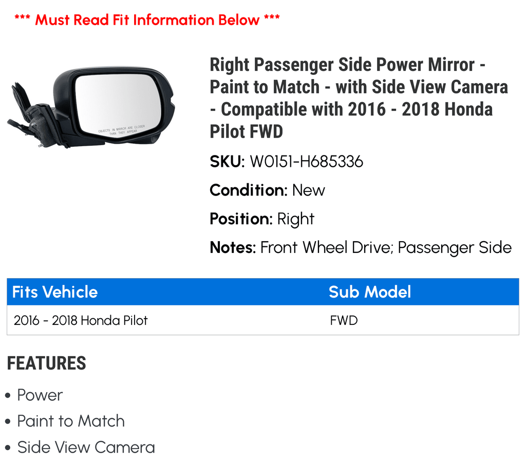 with 2018 2017 Compatible Side - Pilot Right Paint Camera Passenger FWD 2016 View Mirror to Honda - Match with - Side - Power