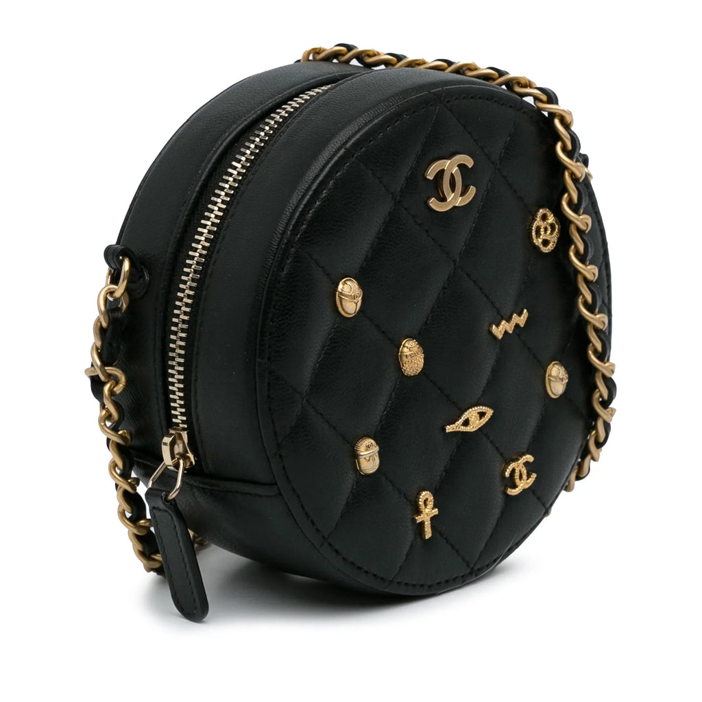 Pre-Owned Round Bag Leather (Good) Lambskin Lucky Crossbody Unisex Charms Chanel Authenticated Black
