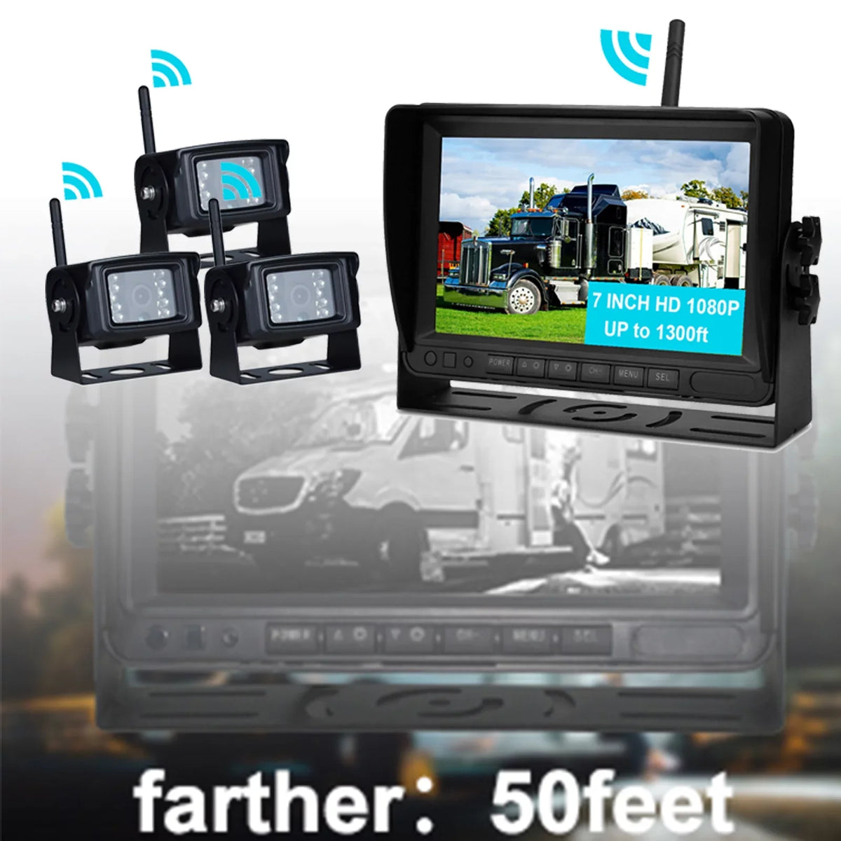 Camera Kit View Wireless AHD Rear Backup 7" 1080P for 3CH Display Trailer Truck