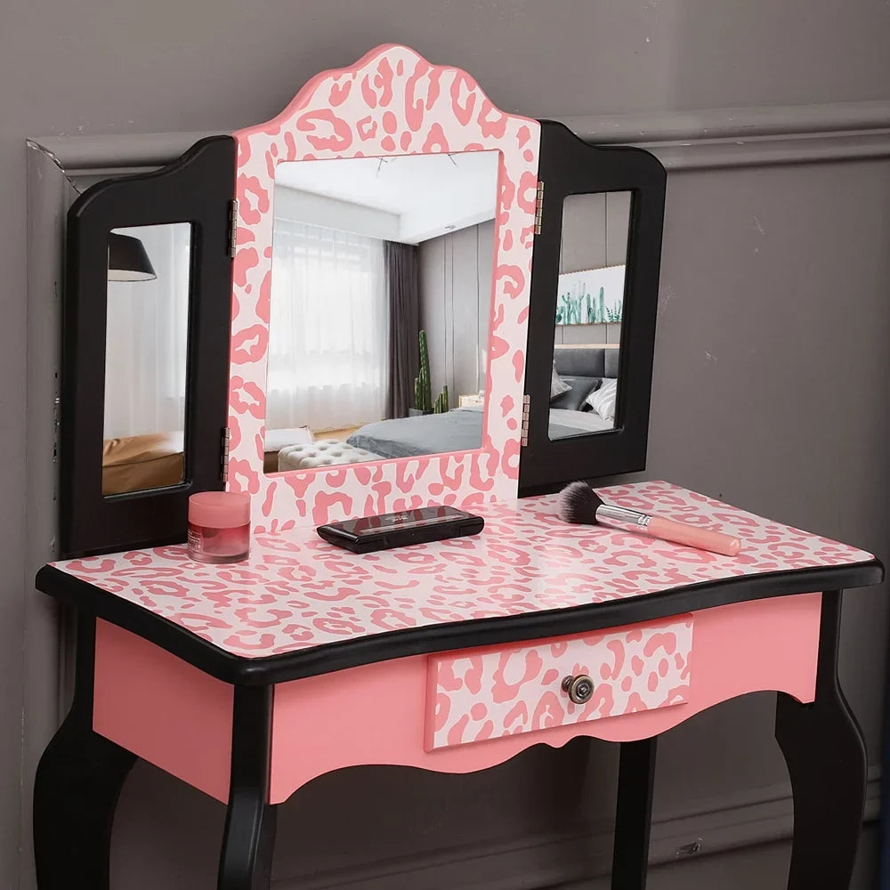 with Dressing Organizer, Table Bedroom Topcobe 2 Vanity Girls, with Removable Stool Desk for Pink Set Makeup Vanity Mirror Drawers Table with Makeup Table
