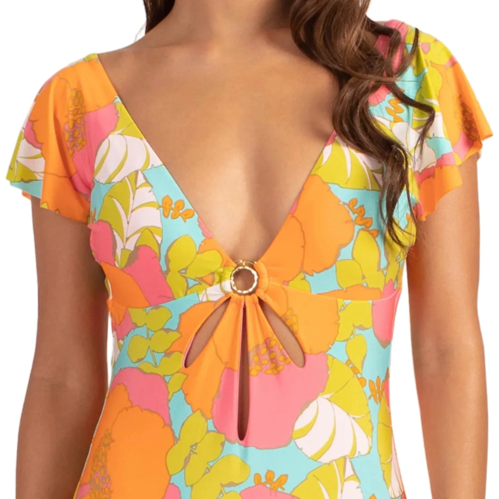 14 Playa Front / Sleeves Turk Swimsuit-Orange Women's Keyhole One-piece Flutter Flor De Trina