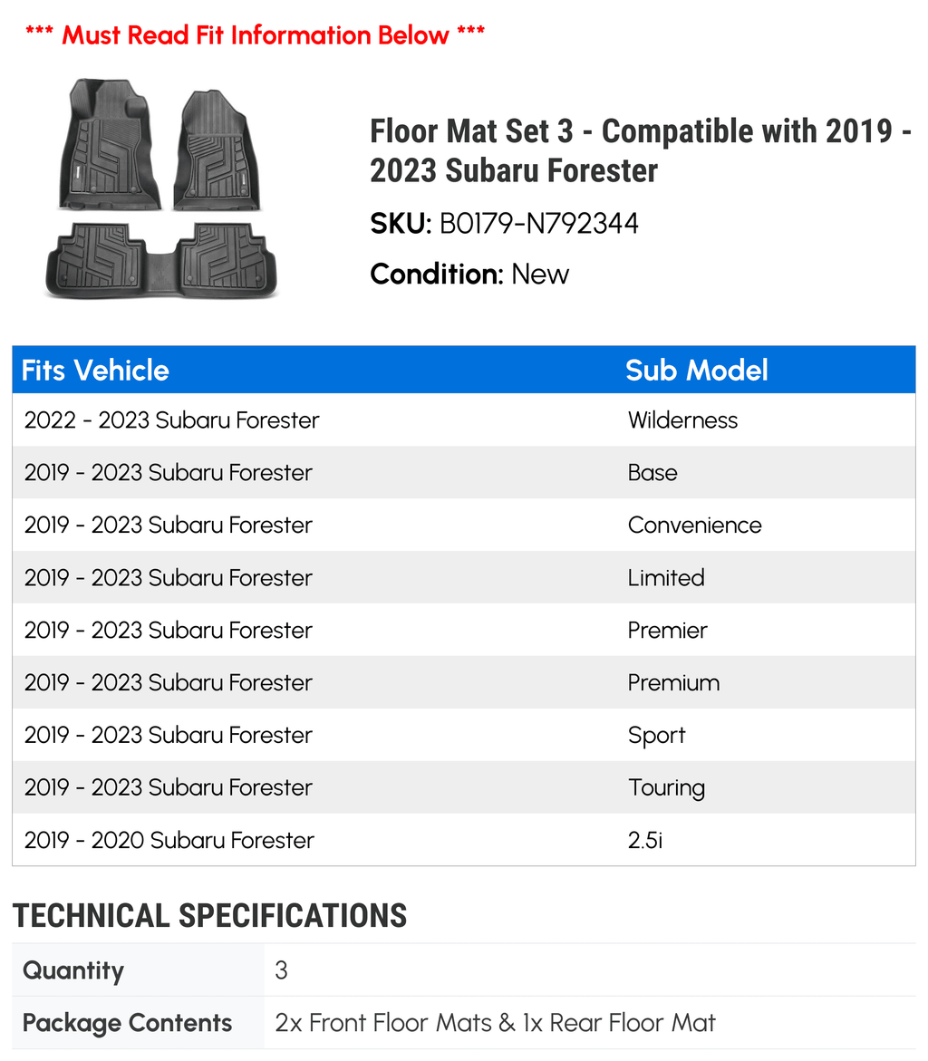 Floor 2022 Subaru Mat 2019 - with 2023 Set - 2021 3 2020 Forester Compatible