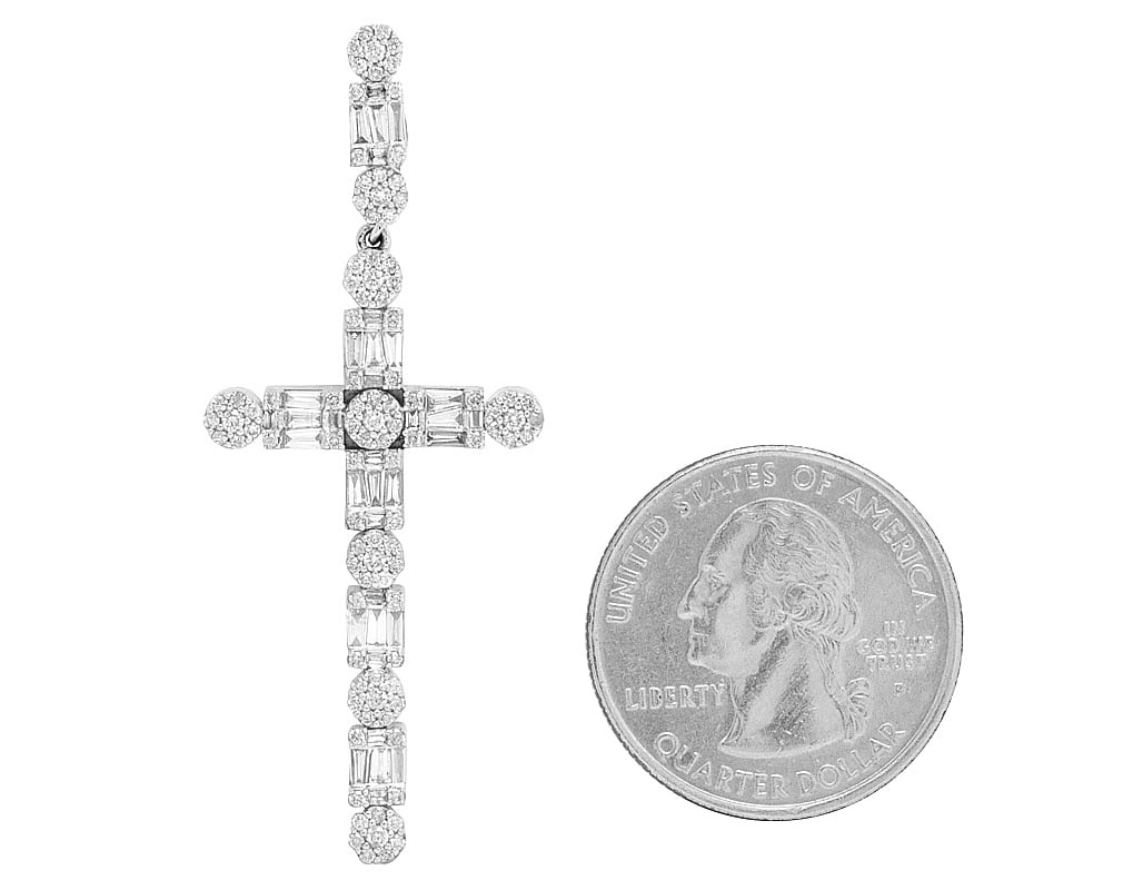 1.2CT Unisex Cross Real 10K White Diamond Gold Baguette Flower 2" Cluster