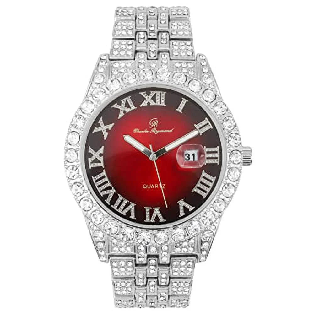 Blinged Hop Fully Out Silver Designer Hip Charles Mens Dials- w/Roman Date and Watch RED Numerals Rocks Colorful ST0226RND Iced Cuban Big w/Easy Timepiece Out - Read Raymond