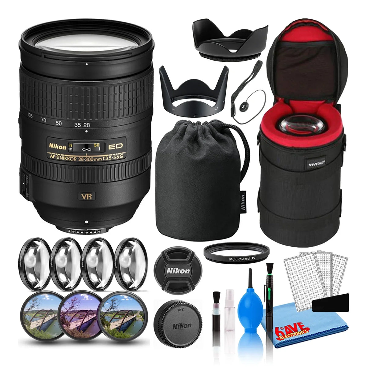 Lens Keeper Hood Nikon AF-S UV, Cleaning ED + + Lens Lens Macro 28-300mm Lens Cap with NIKKOR Filter Kit Filters Case Padded + Kit FL CPL, (2191) Intl Tulip + VR f/3.5-5.6G +