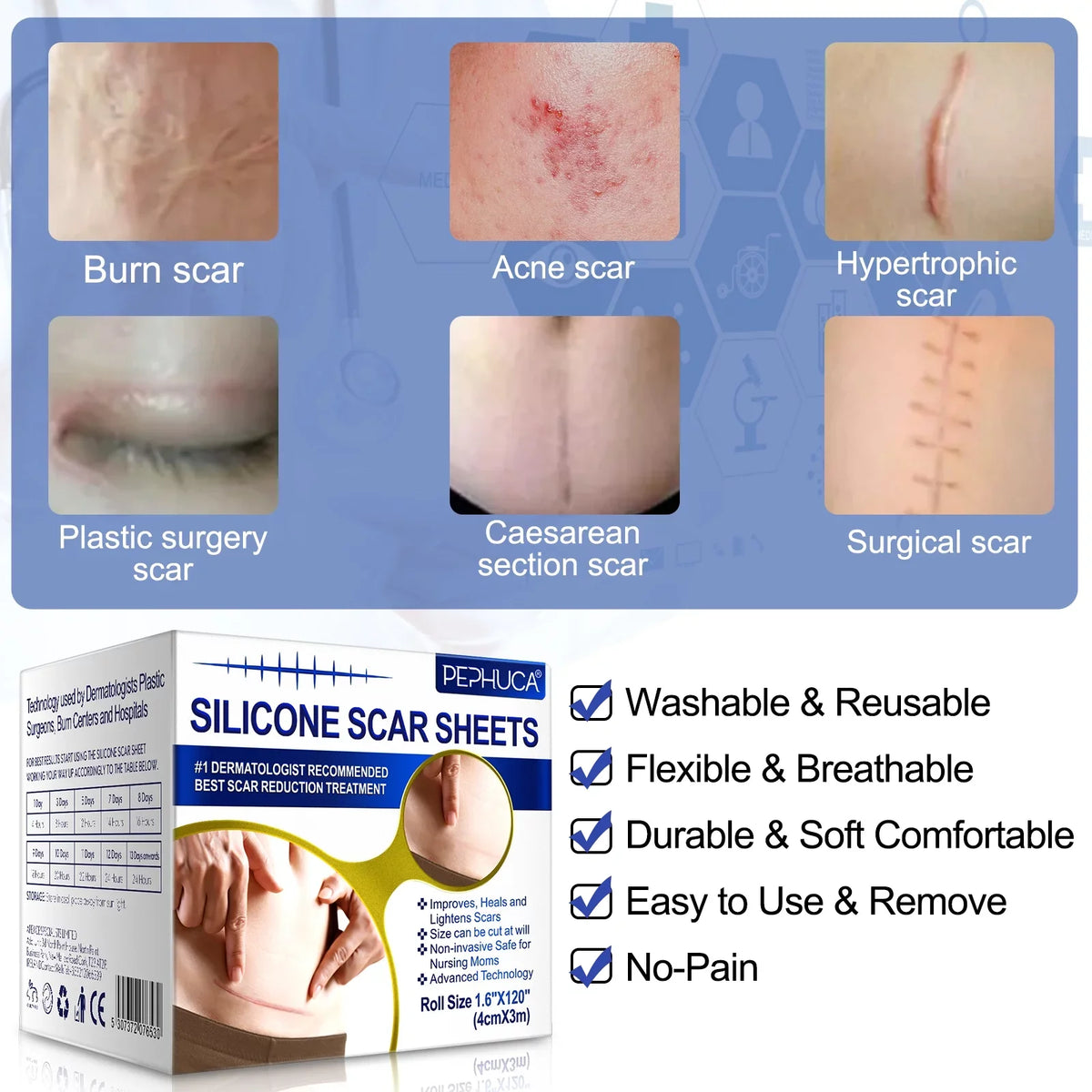 Sheets,Reusable Roll Silicone 1.6inch Scar and for Months Pephuca Silicone Reusable Grade x Scar Breathable Tape 6 Medical Pack Gel - Removal,120inch Supply,Transparent 2
