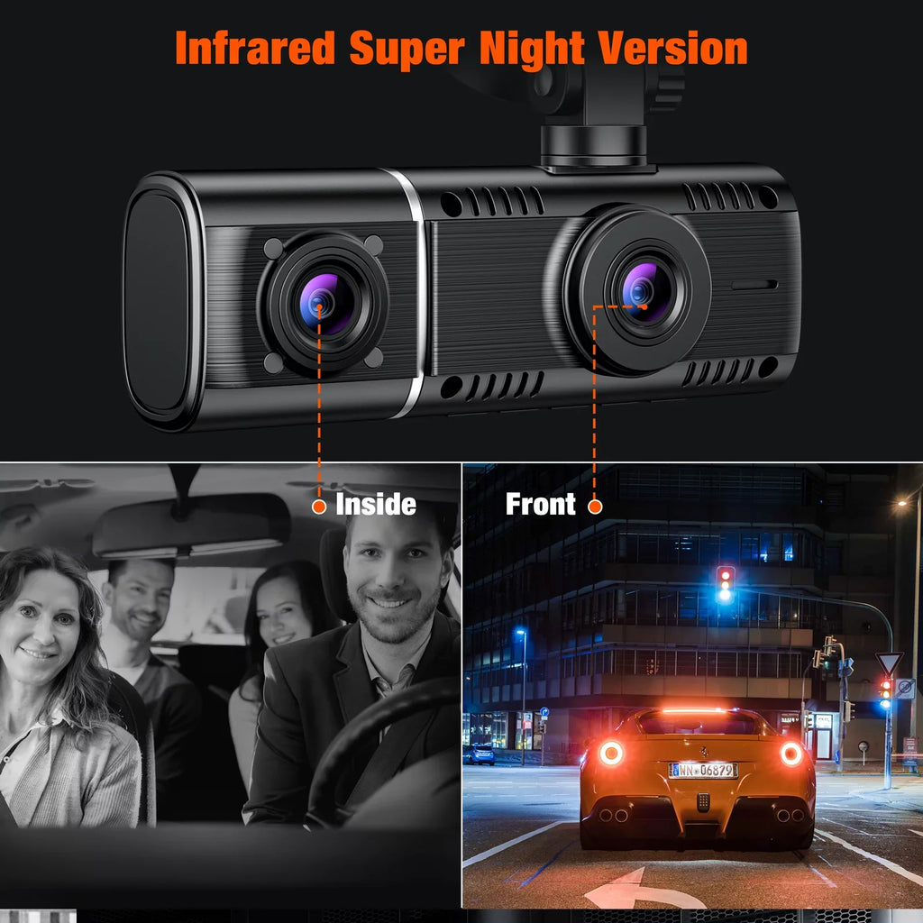Dash Vision Camera Front Parking Inside Rear Way Three Camera Motion 3 Triple TOGUARD IR Detection Accident Car Monitor with and Cam Dash Channel Lock Night 1080P