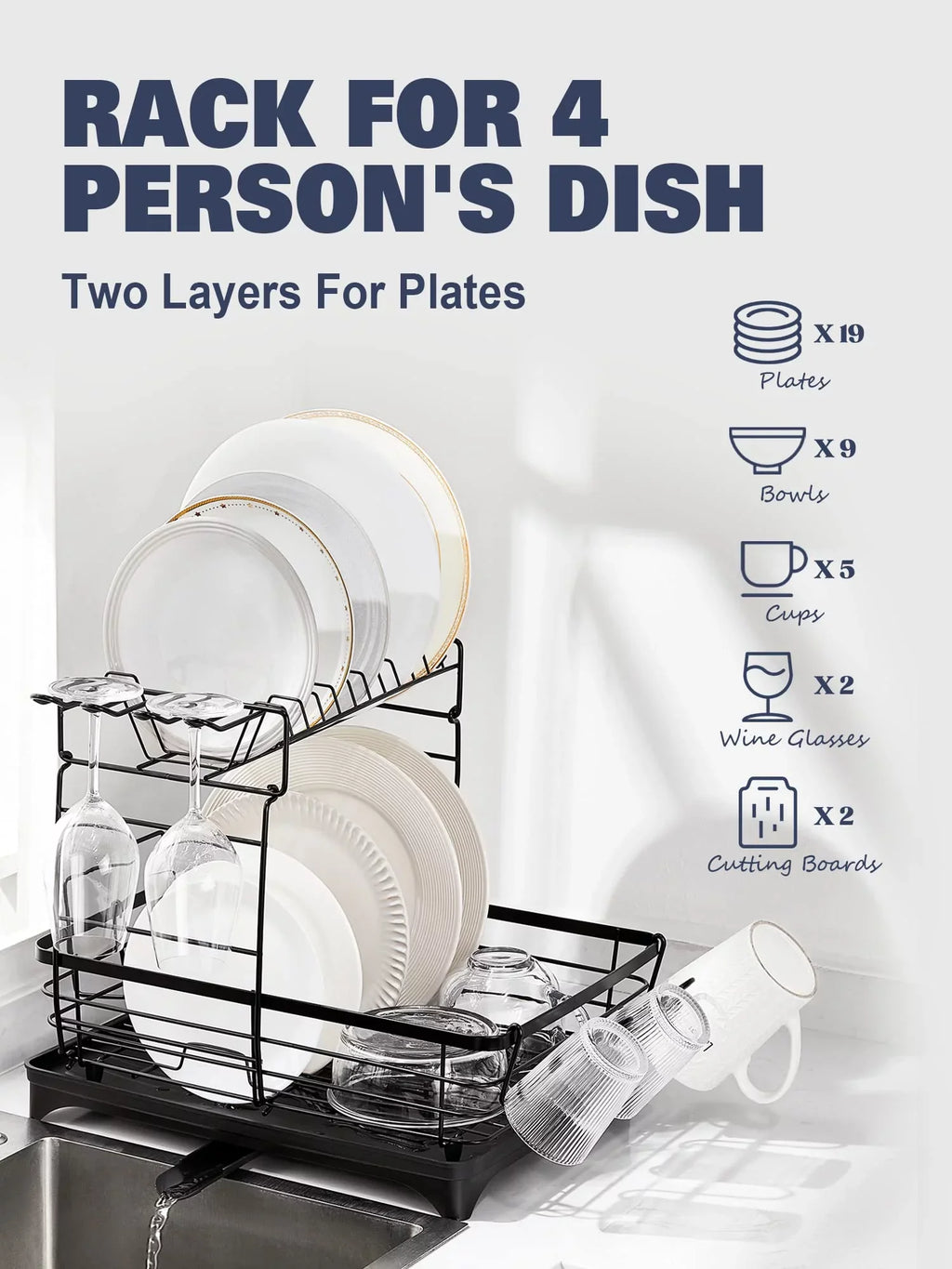 Kitchen Extra 2 Black Large Dish for Drying Tier Rack Counter,