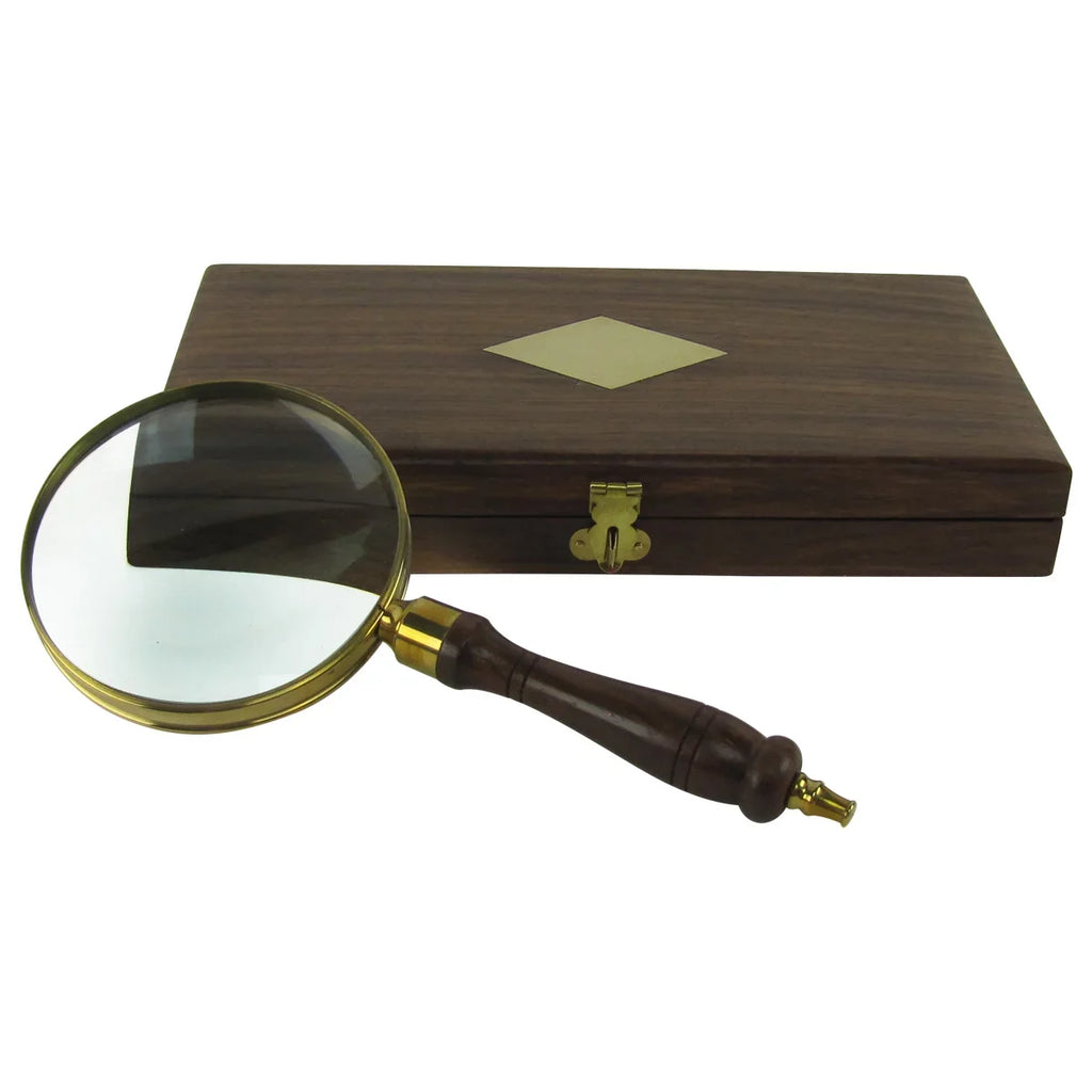 w/ Magnifier Antique 5x Brass&Wood Lens Box Turned Hand Magnifying Desktop Glass