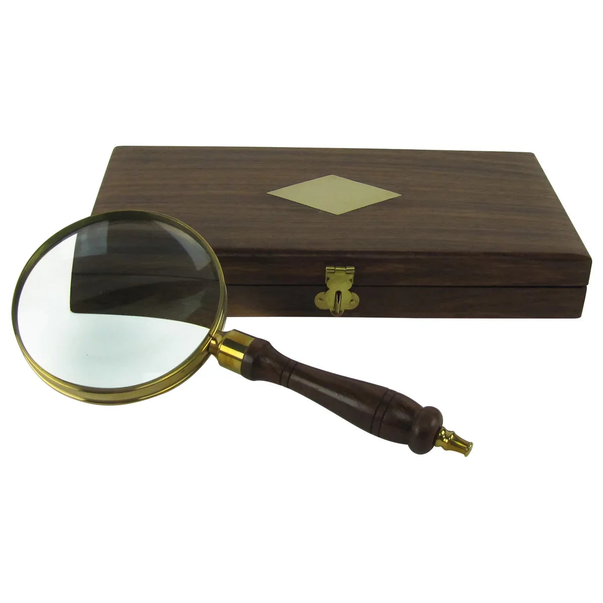 w/ Magnifier Antique 5x Brass&Wood Lens Box Turned Hand Magnifying Desktop Glass