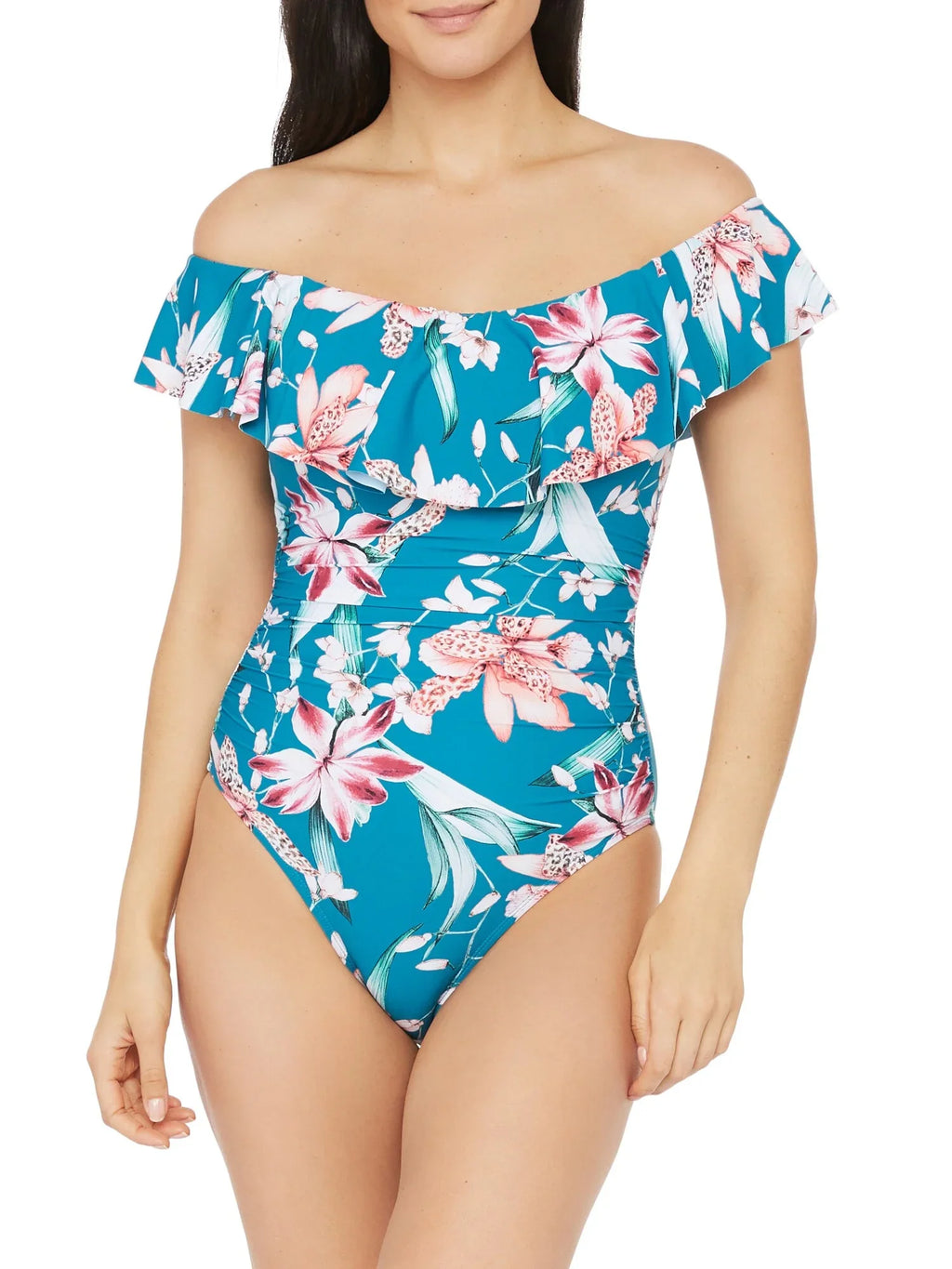 Swimsuit Women's The Molded Ruched Garden Ruffled Floral BLANCA 4 LA Off Back Blue Piece Cup Lace-up One Lined Shoulder Stretch