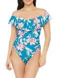 Swimsuit Women's The Molded Ruched Garden Ruffled Floral BLANCA 4 LA Off Back Blue Piece Cup Lace-up One Lined Shoulder Stretch