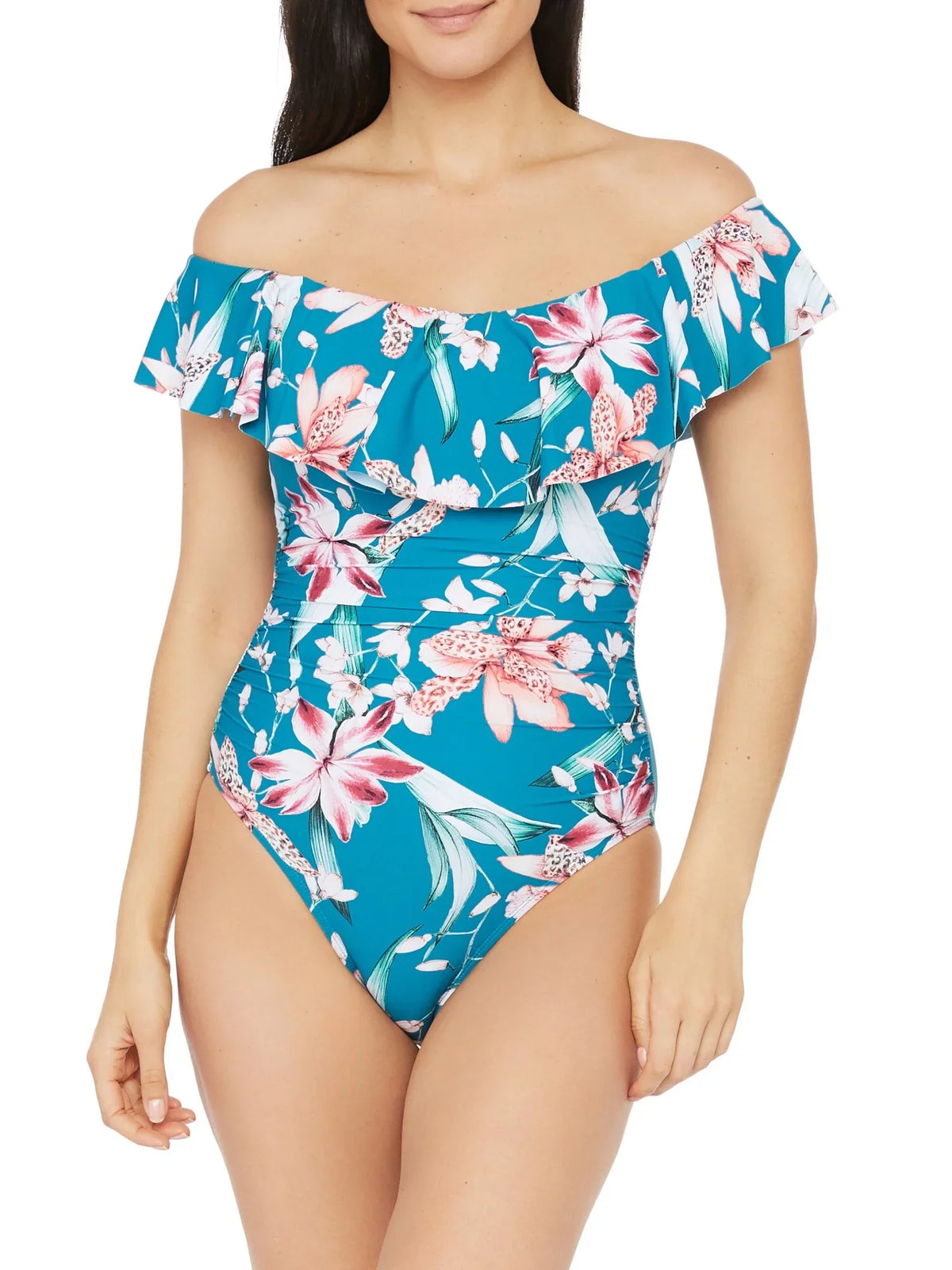 Swimsuit Women's The Molded Ruched Garden Ruffled Floral BLANCA 4 LA Off Back Blue Piece Cup Lace-up One Lined Shoulder Stretch