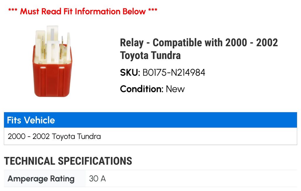 Relay Toyota 2002 with 2000 Tundra - - 2001 Compatible