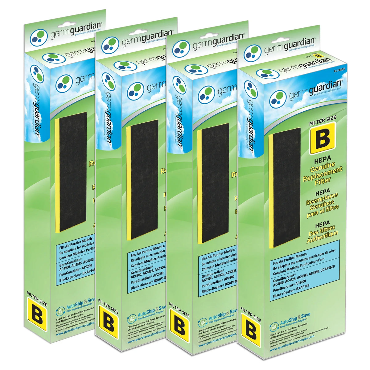 Pure Replacement Filter Filter B Air FLT48254PK GermGuardian for 4-Pack, Purifiers, Genuine HEPA