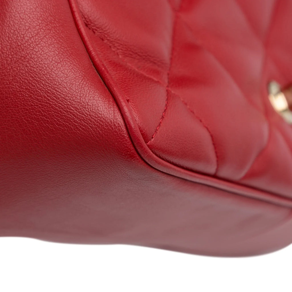 Lambskin Small (Good) Satchel Authenticated Red Flap Unisex Bag Chanel Leather Carry Easy Pre-Owned