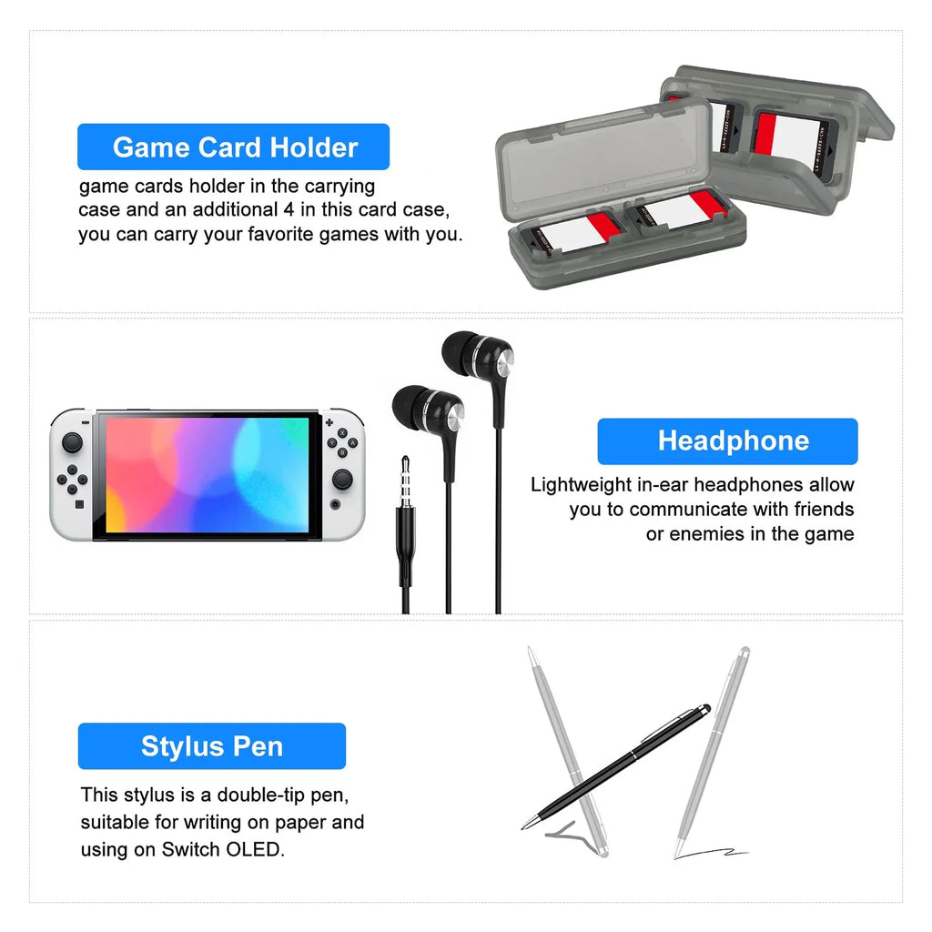 EEEkit for Kit Tempered Nintendo Carrying Glass OLED, Switch Thumb with More, Protector, Bundle 16-in-1 Grips, Black Case, Accessories Accessories Fit Case, Cover Protective Screen and