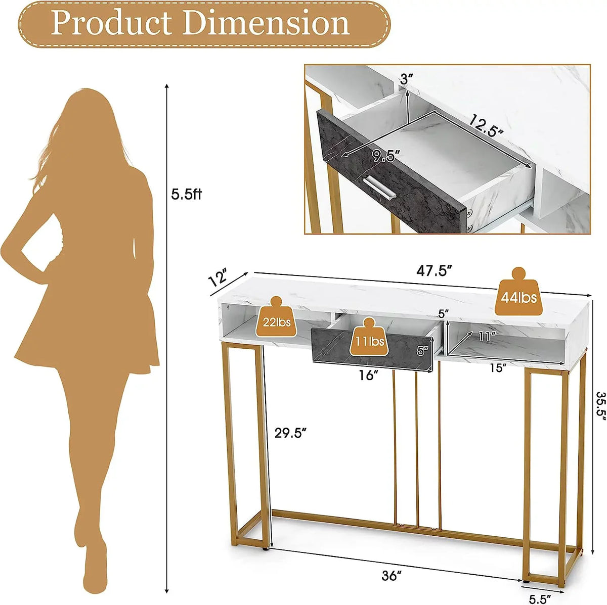 Table Room &amp; Living Entryway Pads Device with Kitchen NLTBONNIE Table Faux Ent Hallway Adjustable for Sofa with Foyer - Room Dining Anti-Toppling Foot &amp; Drawer Marble Console