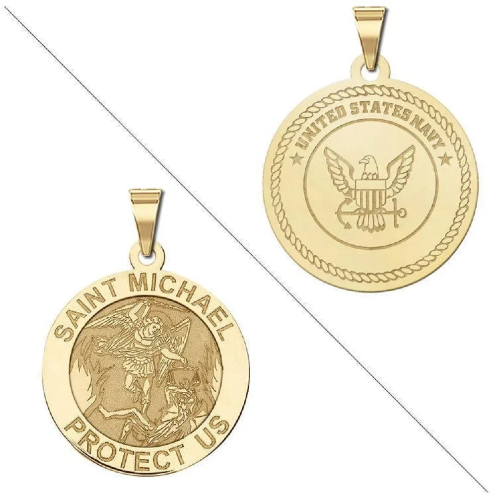Doubledside Religious Michael Medal 14K 3/4 of Size Nickel Saint - Yellow inch Necklace Navy a - Gold Solid Picturesongold.Com Pendants