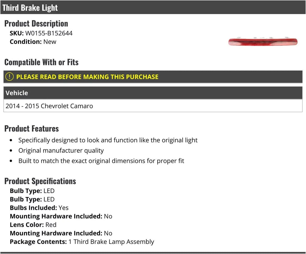 Camaro Light Brake 2014 - - 2015 Third Lens 3rd Chevy with Compatible LED -
