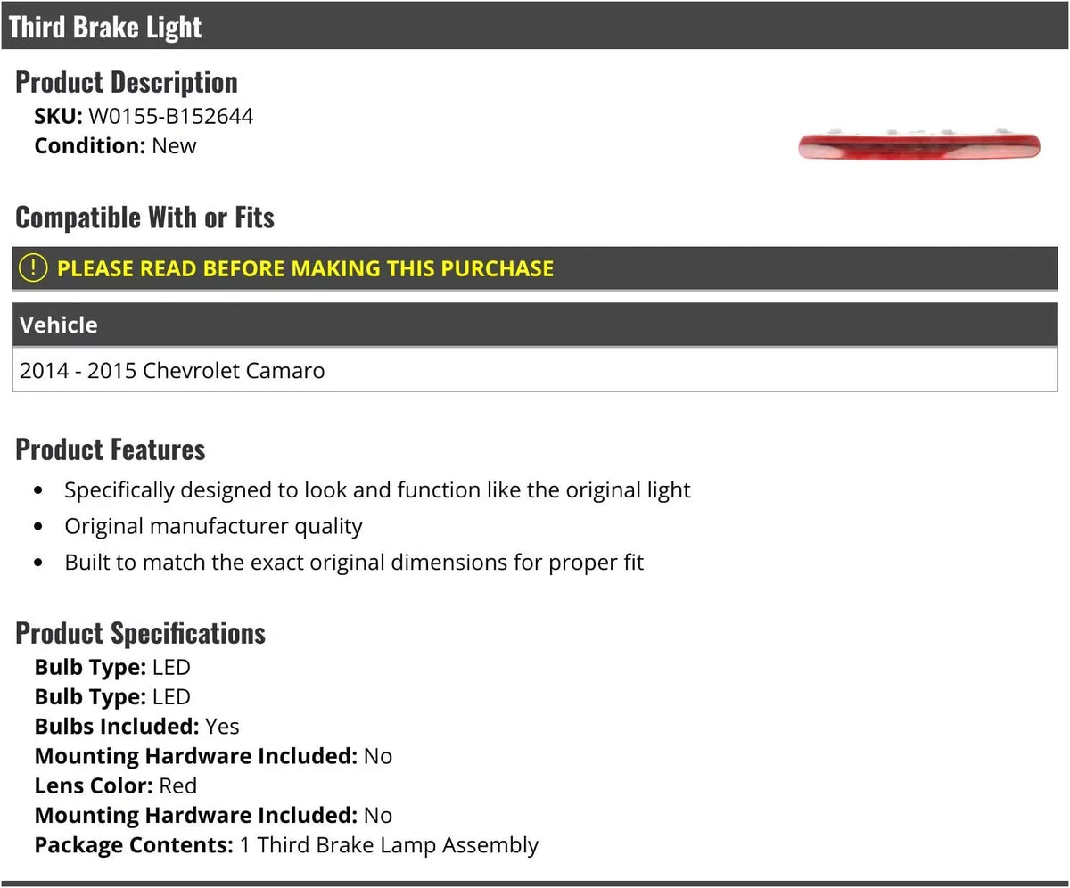 Camaro Light Brake 2014 - - 2015 Third Lens 3rd Chevy with Compatible LED -