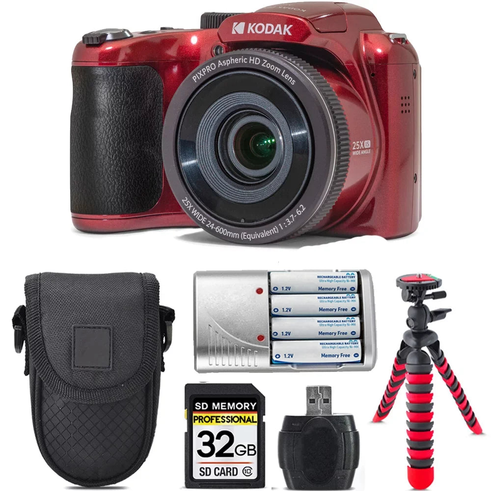 Camera + Kit +Tripod Case Extra Kodak -32GB (Red) Battery AZ255 PIXPRO Digital +