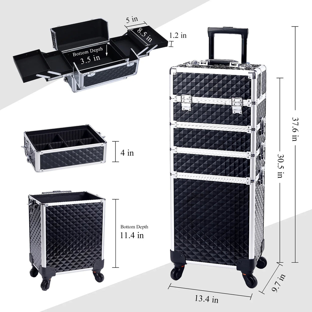 1 Barber in Case Rolling Cosmetic Aluminum Train Box 4 Salon Case Trolley Joligrace Wheels Makeup Case with