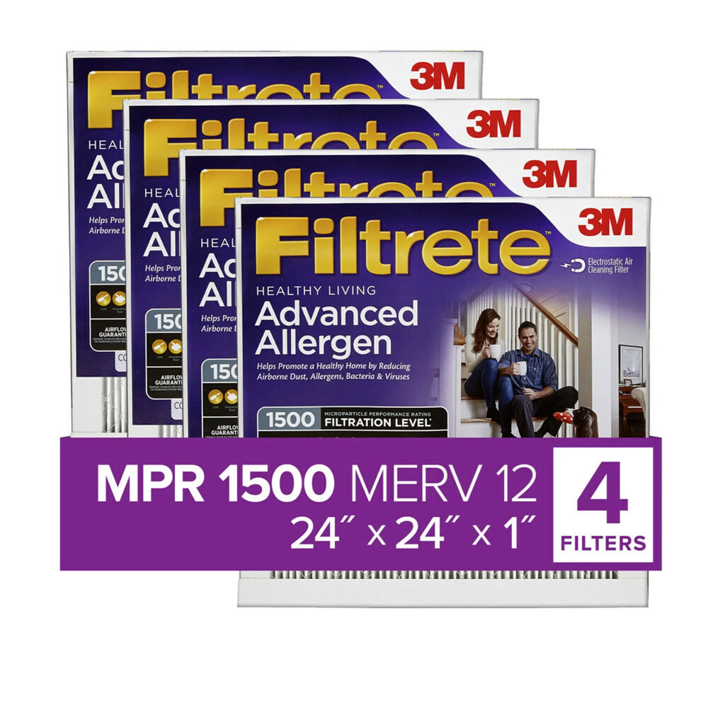 4 24x24x1 Air Filter, 1500 MPR Filtrete Allergen Filters Advanced MERV Reduction, 12,