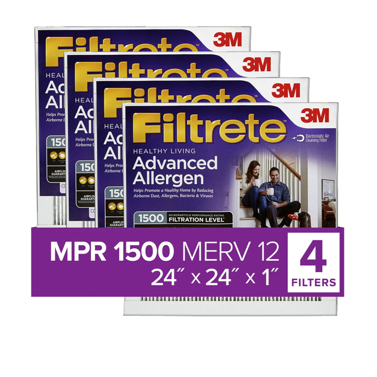 4 24x24x1 Air Filter, 1500 MPR Filtrete Allergen Filters Advanced MERV Reduction, 12,