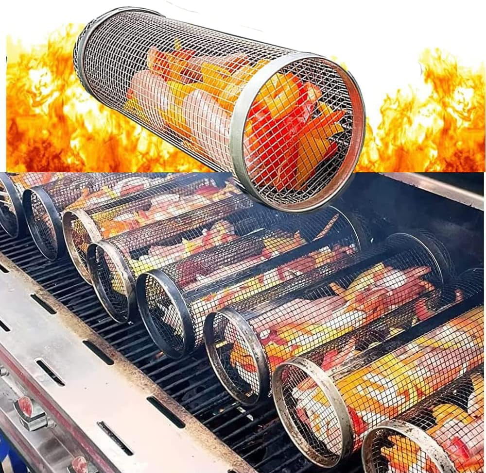 for Grilling BBQ Rolling Basket，Round Fish, Barbecue Outdoor BBQ 2PC ，Portable Barbeque Shrimp, Rack Basket Vegetables, Grilling Griller Cooking Camping Accessories