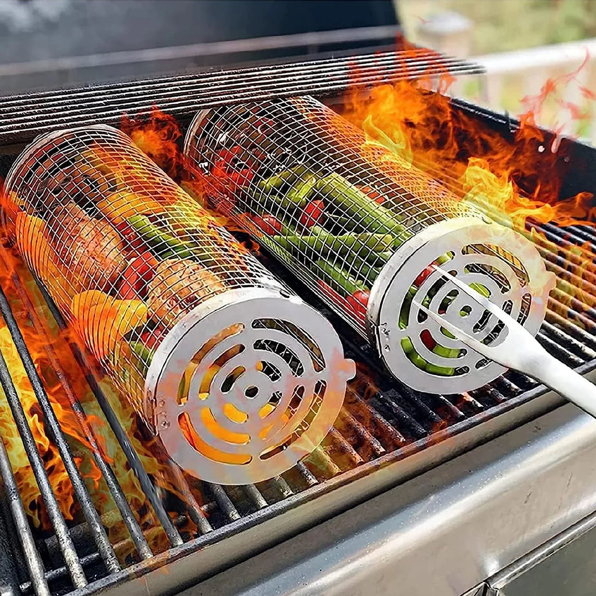 for Grilling BBQ Rolling Basket，Round Fish, Barbecue Outdoor BBQ 2PC ，Portable Barbeque Shrimp, Rack Basket Vegetables, Grilling Griller Cooking Camping Accessories