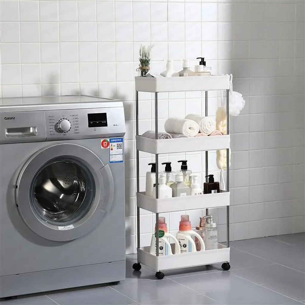 with 4 for Kitchen, Wheels, Storage Room, Plastic SYTHERS Steel, Bathroom, Cart White Stainless Utility Rolling with 4-Tier Laundry hooks, and Cart