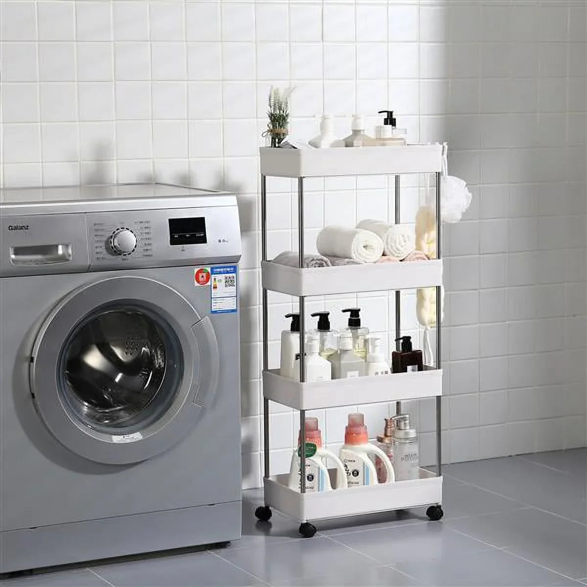 with 4 for Kitchen, Wheels, Storage Room, Plastic SYTHERS Steel, Bathroom, Cart White Stainless Utility Rolling with 4-Tier Laundry hooks, and Cart