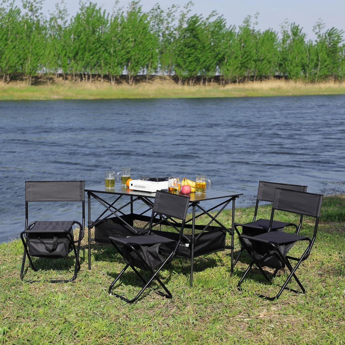 Outdoor Party, 5, Camping, Patio, BBQ, Picnics, Folding of Indoor, Table and Chair for Set Outdoor Black/Gray Beach,Backyard, Set